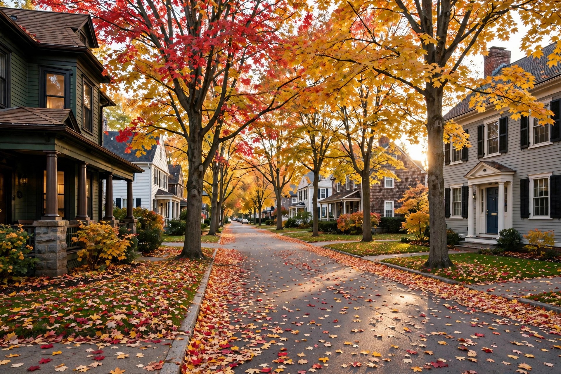 Tree-lined Ann Arbor street in autumn with historic homes and fall colors