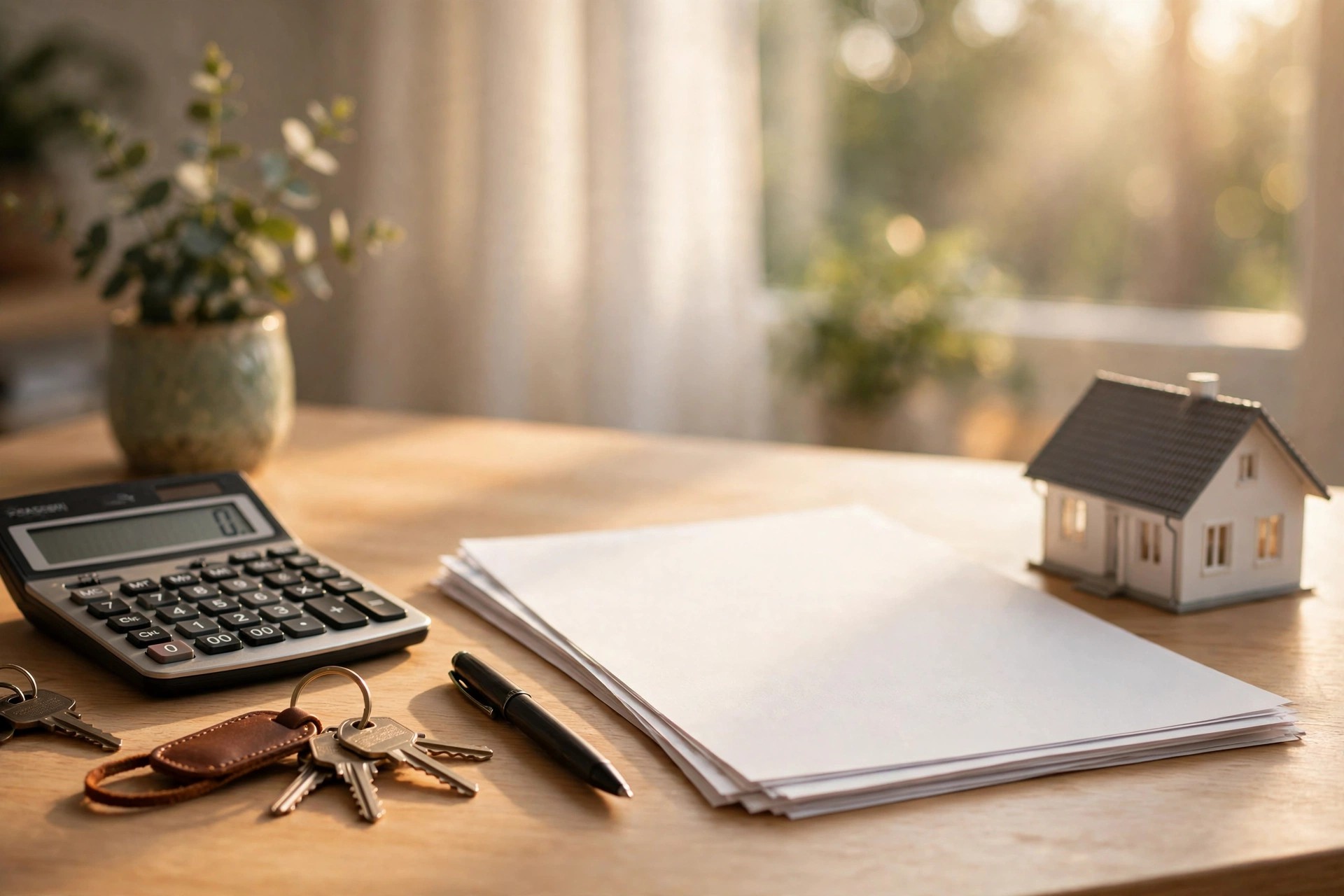 Calculator, house keys and a model home on a desk — planning a home purchase