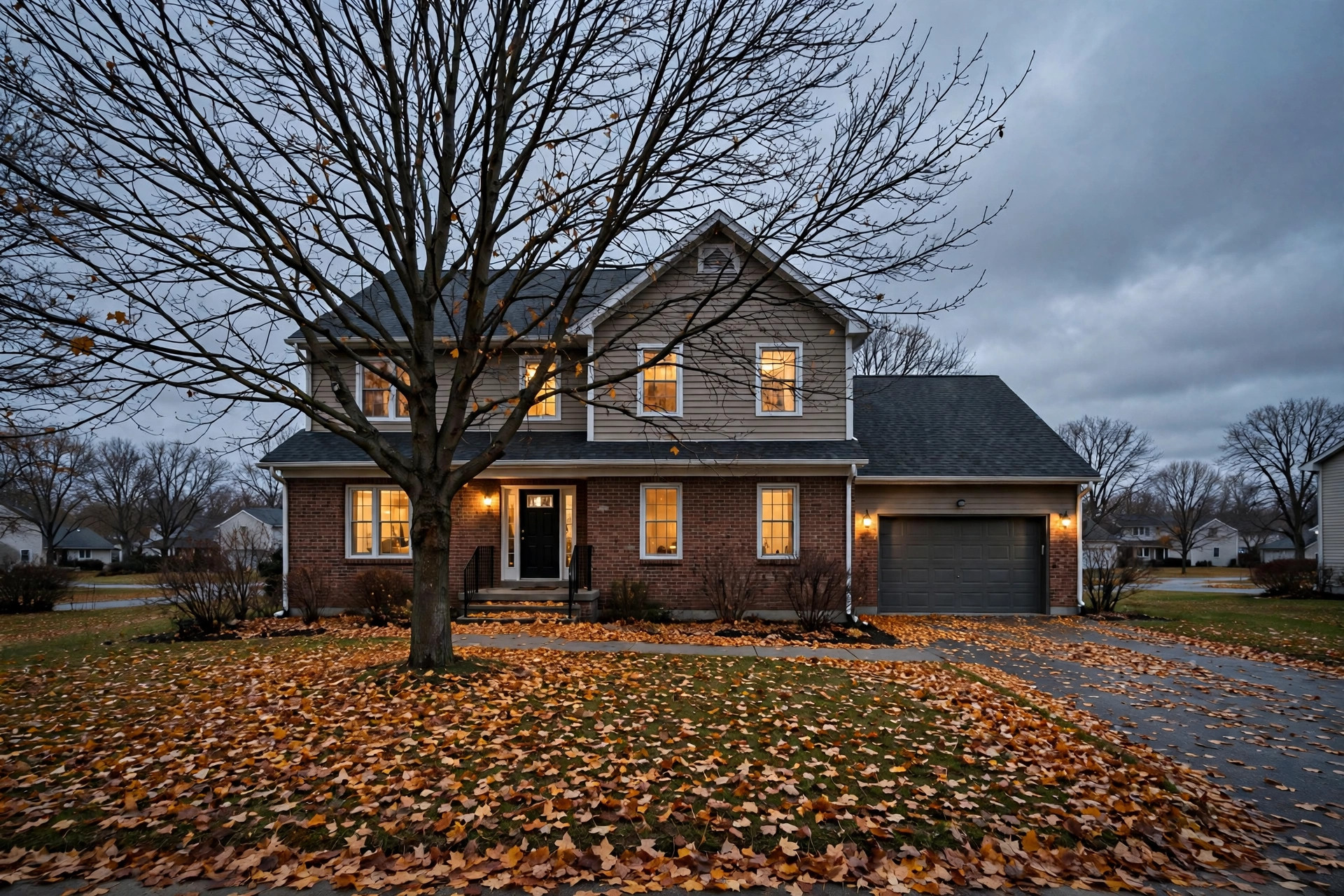 blog-4-late-fall-seller Michigan suburban home in late autumn with fallen leaves and warm light in the windows at dusk