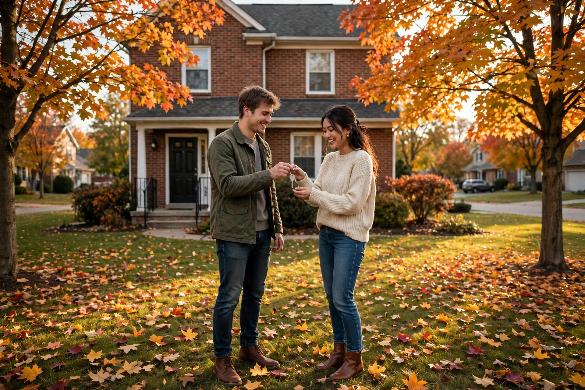 Young couple receiving the keys to their first Michigan suburban home in autumn, brick house and maple trees behind them